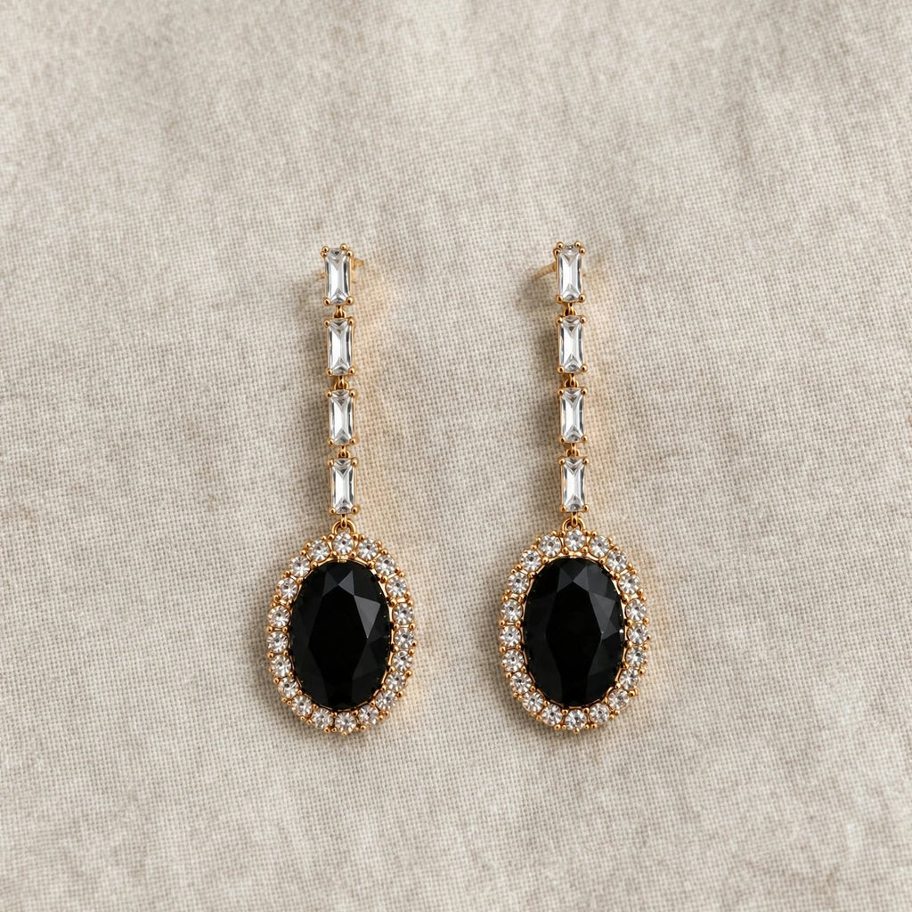 Noor Black Oval Halo Drop Earrings