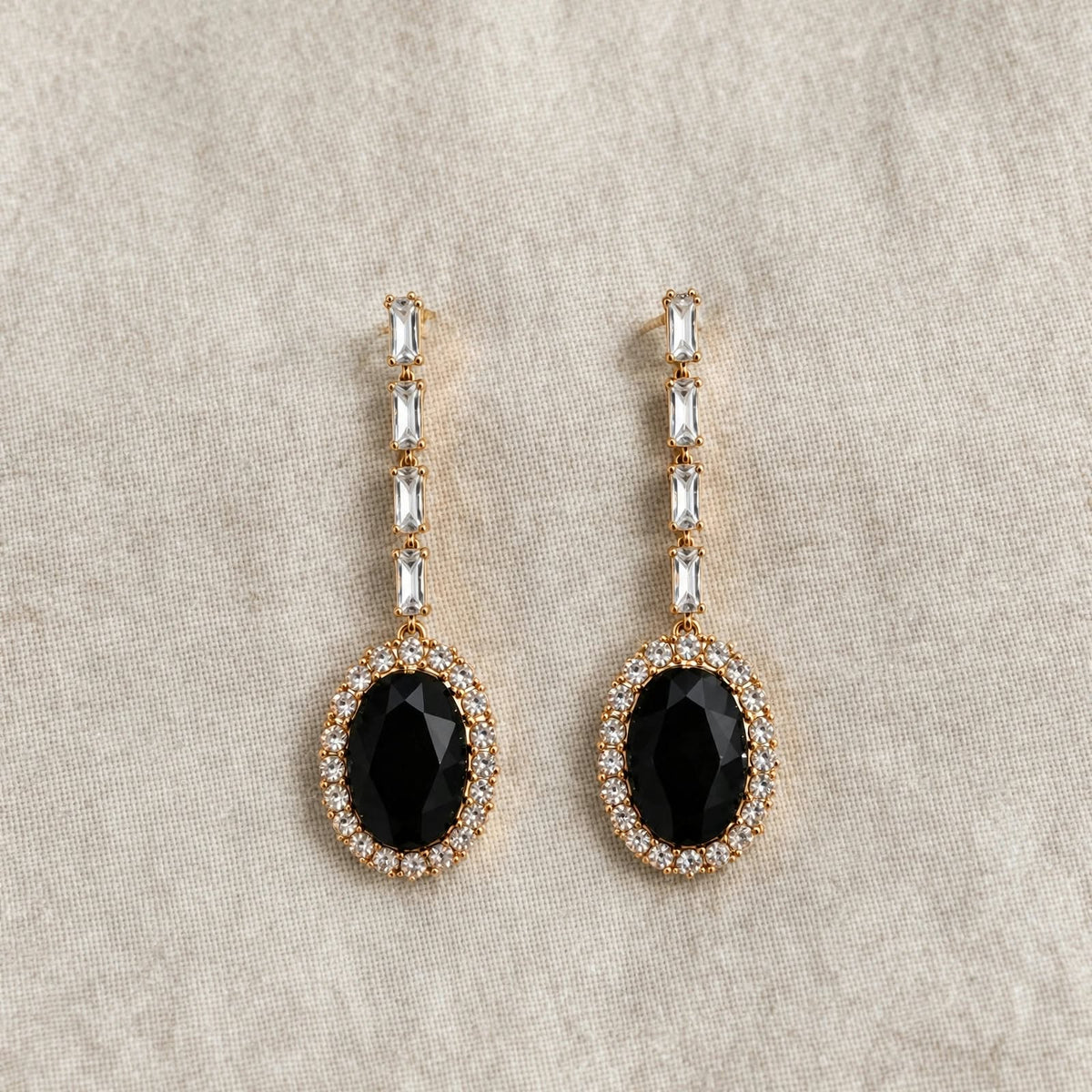Noor Black Oval Halo Drop Earrings
