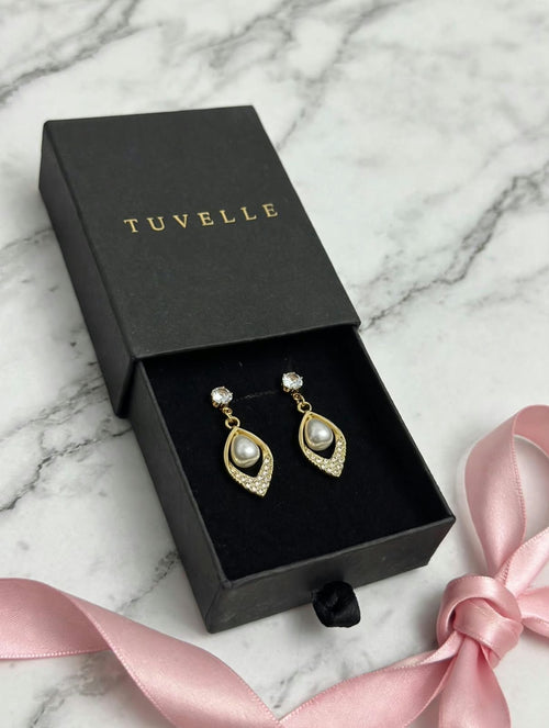 TUVELLE gold-tone overlapping square drop earrings with clear stone accents
