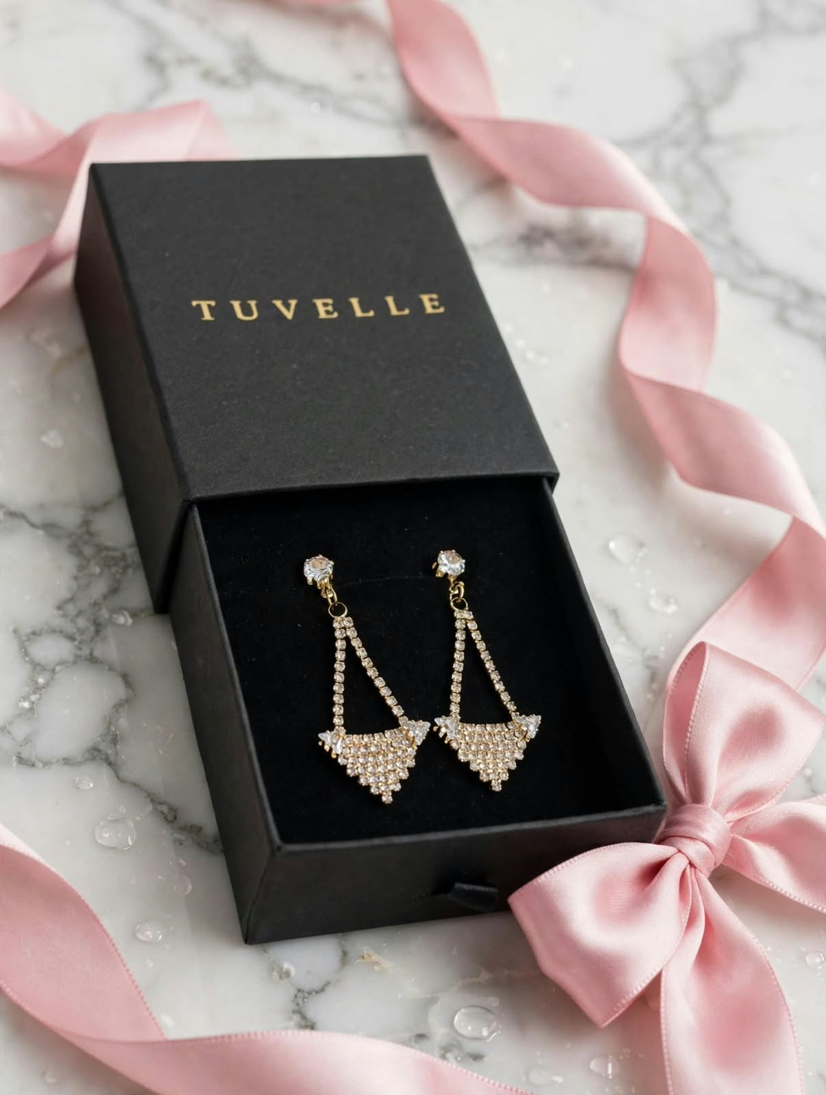 TUVELLE gold-tone leaf-shaped drop earrings with pearl-look centres and clear stone detailing