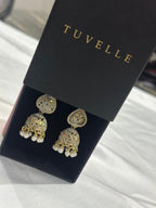 Mehr gold-tone filigree jhumka earrings with pearl-look bead fringes in a TUVELLE box