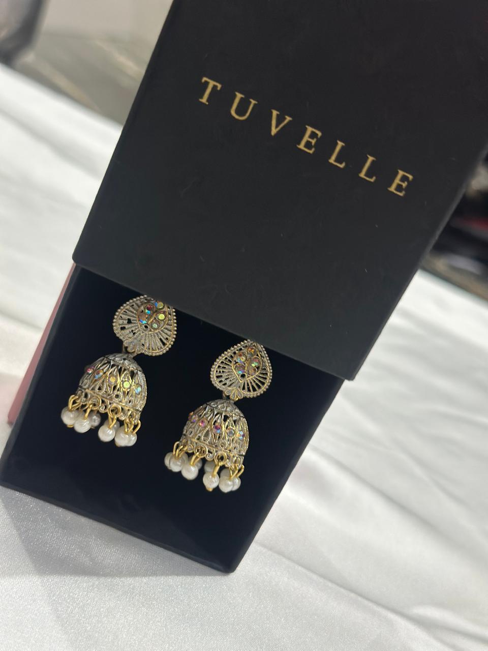 Mehr gold-tone filigree jhumka earrings with pearl-look bead fringes in a TUVELLE box