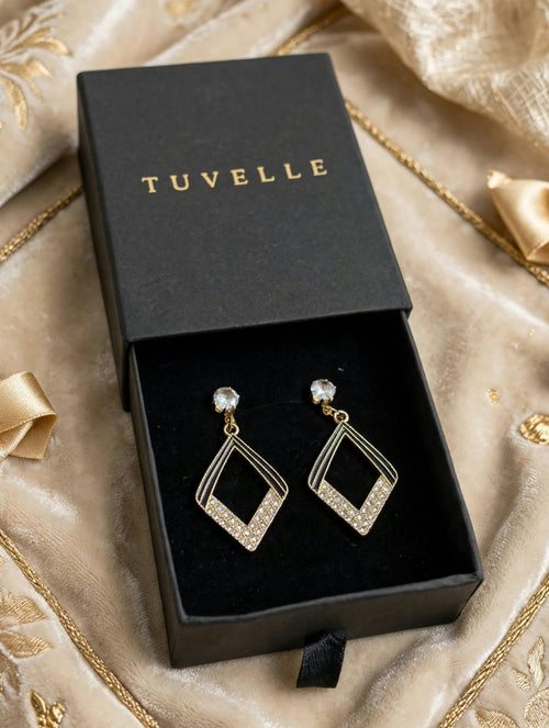 TUVELLE Aria geometric drop earrings with layered gold-tone frames and sparkling V-shaped edges