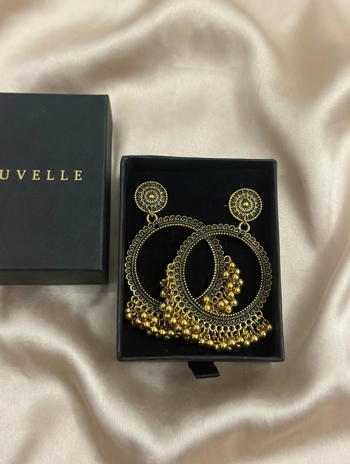 Antique gold-tone chandbali earrings with bead fringe in a black TUVELLE box